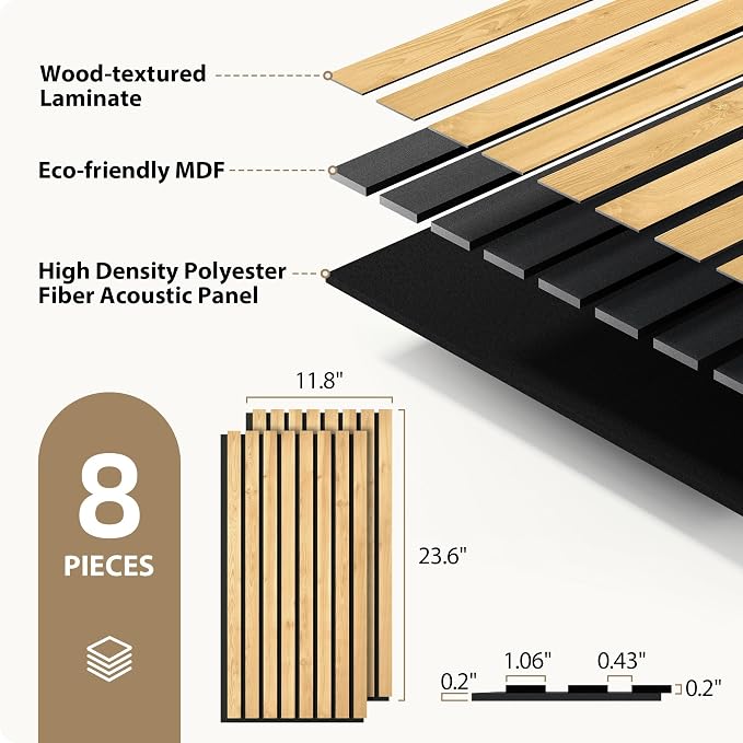 INMOZATA 8 Pack Peel and Stick Acoustic Wood Slat Wall Panels Nature Oak | 3D Fluted Textured, Soundproof Accent Wall Paneling for Interior Wall Decor Fireplace Living Room Bedroom Office, 11.8"x23.6" - Image 4