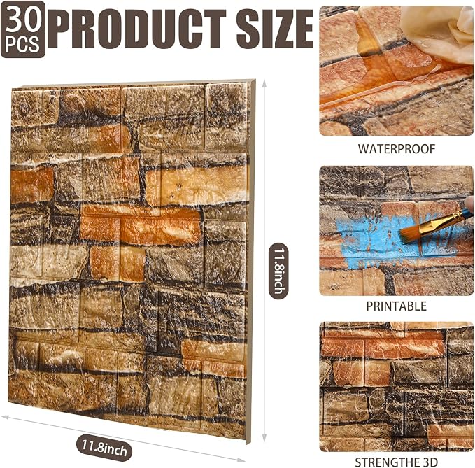 Tinlade 30 Pcs 3D Wall Panels Peel and Stick Wallpaper Foam, Rustic Brown | Faux Brick Stone Tiles, Covering 28.8-48.4 Sq ft, Self Adhesive Waterproof Panels for Bedroom Living Room Kitchen Walls - Image 2