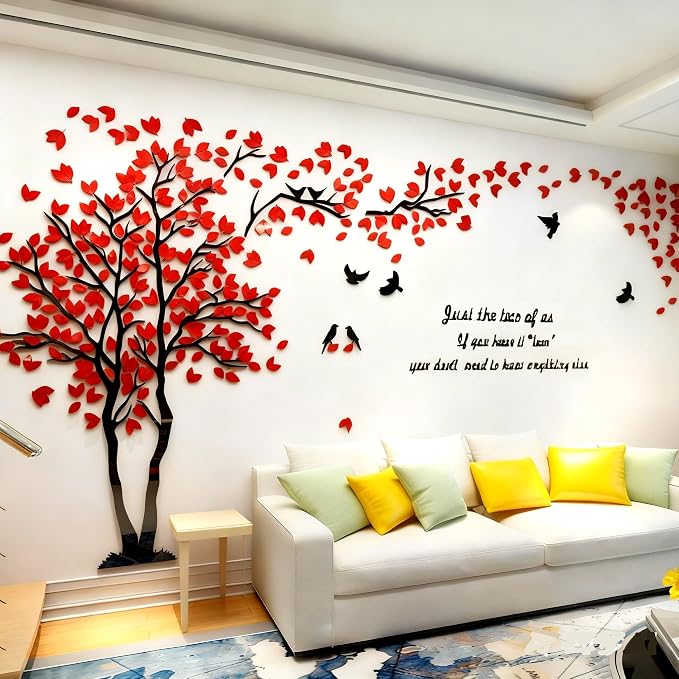 Family Tree Wall Decor Decals - DIY 3D Tree of Life Wall Art Large Decal Stickers Silver Decor Living Room Mural for Bedroom Hallway Home TV Background (Red Left,XL-158X79in) - Image 2
