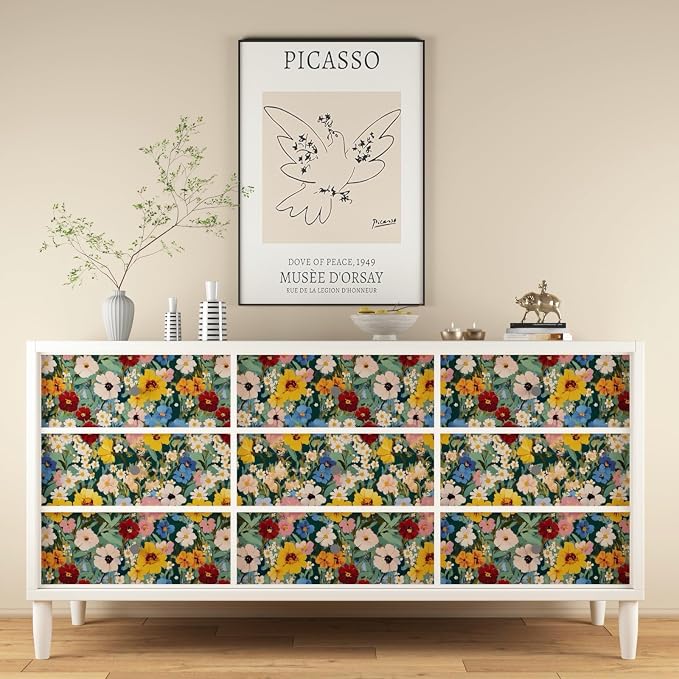 BOKEBEVE Floral Wallpaper Peel and Stick Boho Green Yellow 17.5 x 118In | Removable Self Adhesive Renter Friendly Vintage Watercolor Wall Paper for Bedroom Bathroom Living Room Accent Wall - Image 6