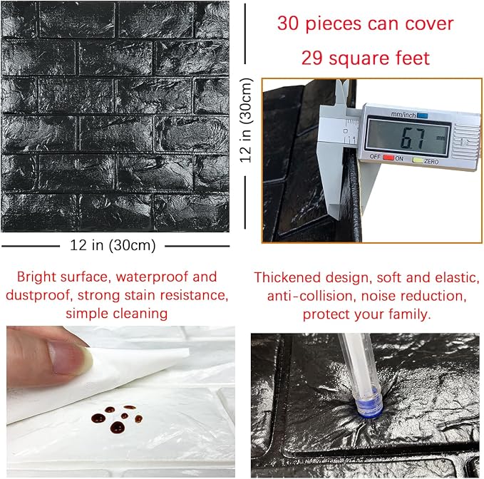 30PCS 3D Wall Panels Peel and Stick Faux Brick Wallpaper Black Self Adhesive Foam Brick Paneling Faux Stone Wall Panels (30PCS, Black) - Image 5