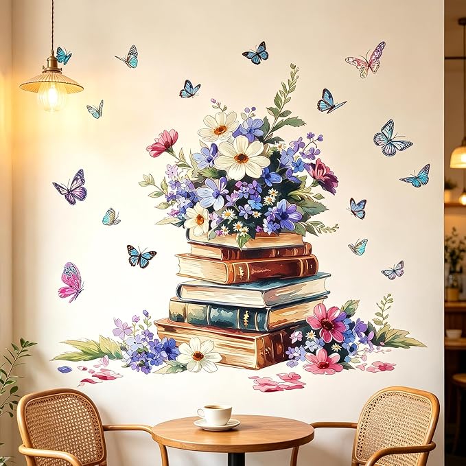 Vintage Stacked Books Floral Flower Butterfly Wall Decals Decor Stickers | Elegant books peel and stick wall decor, wildflowers & butterflies removable vinyl wall art for library bedroom study room by VePret