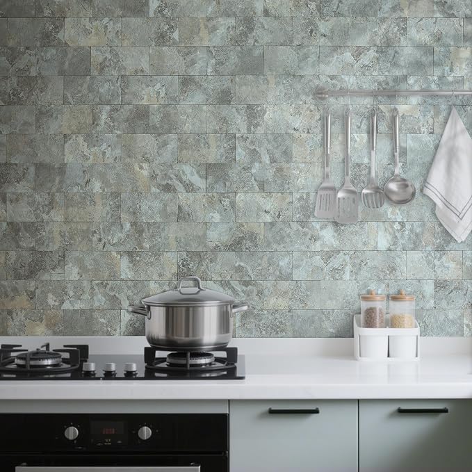 AULIGET 100-Piece Faux Stone Peel and Stick Backsplash Wall Tiles, 3" x 6" Grey & Brown Slate PVC Stick on Tile for Backsplash Kitchen, Bathroom, Laundry Room, Camper, Fireplace - Image 2