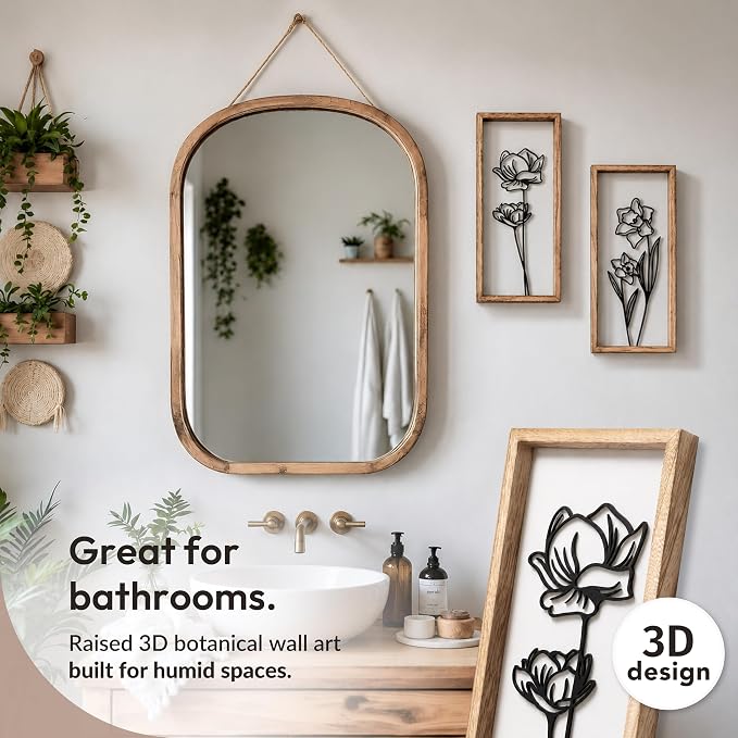3D Black and White Wall Art (Set of 2) Lightweight, Wooden Ready-to-Hang Framed Floral Wall Art for Bathroom, Bedroom, Living Room or Office – Boho Botanical Farmhouse Decor – Gift-Boxed - Image 4