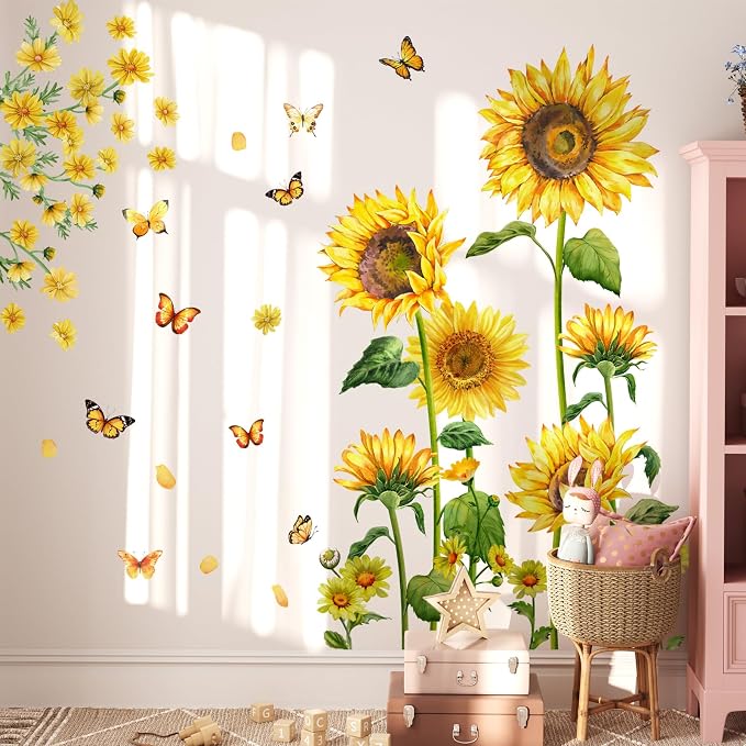 Sunflower Wall Decals Peel and Stick with Butterflies, Large Removable Sunflower Wall Stickers, Floral Wall Decor for Bedroom Living Room Nursery Office Cafe - Image 3