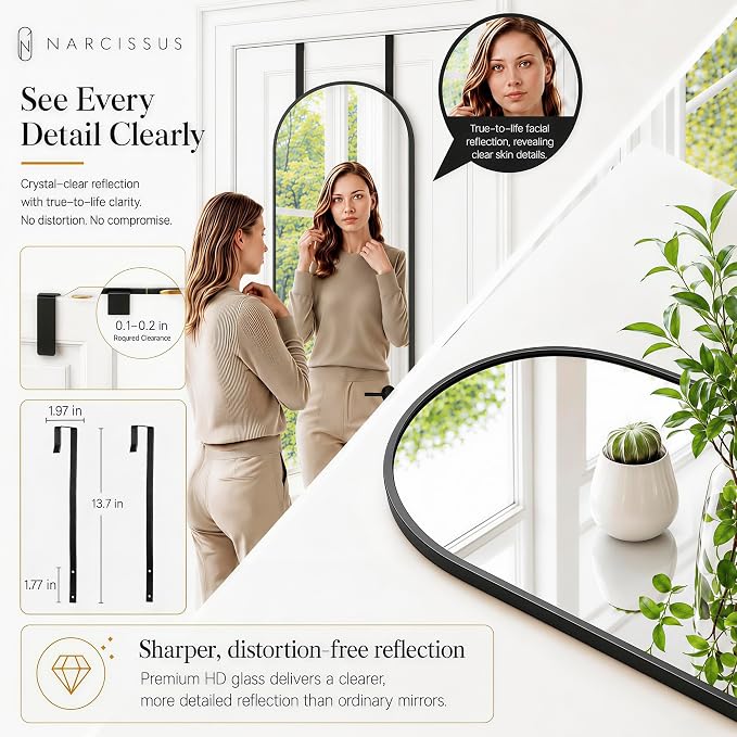 NARCISSUS Full Length Mirror 57x16 Inch, Over The Door Mirror with Stand, Wall Mounted or Freestanding/Door Hanging Full Body, Aluminum Alloy Frame, Black - Image 8