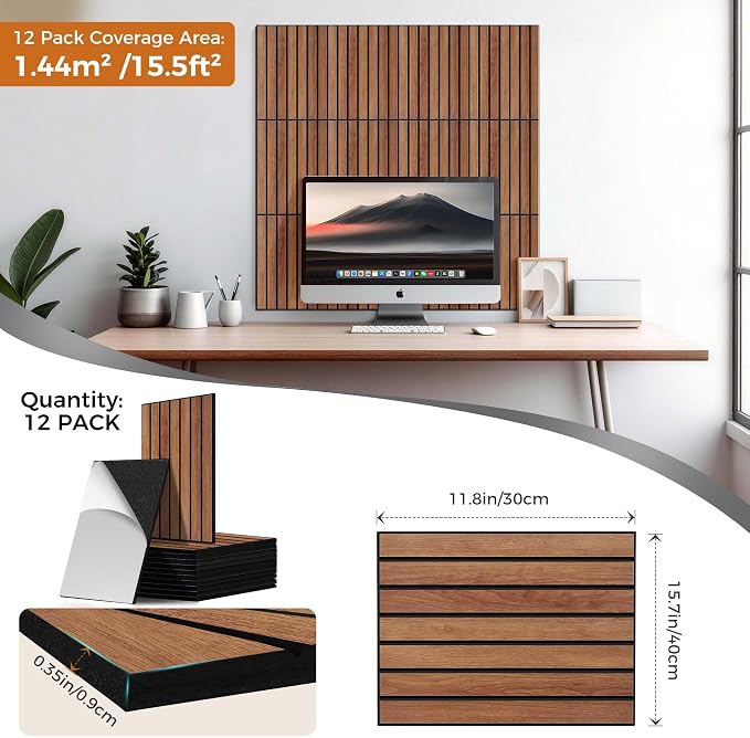 TO-TH Acoustic Panels Self-Adhesive Sound Proof Wall Panel 12 Pack, Cherry | PVC Wood Grain Finish, Peel and Stick Wall Panels, 100% Polyester Fiber, 11.8"x15.7"x0.35", Sound Absorbing for Office&Studio - Image 6
