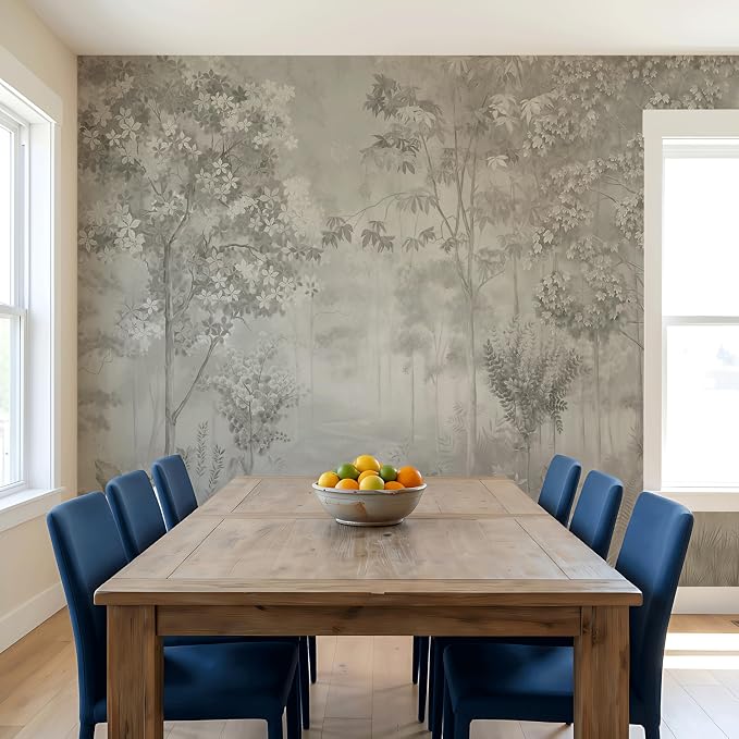 ASJ Forest Peel and Stick Wallpaper Mural, Misty Monochrome Warm Gray | Seamless edge-to-edge match. Sketch tree leaf landscape artwork, 118x78 in, premium fabric, living room bedroom. - Image 5