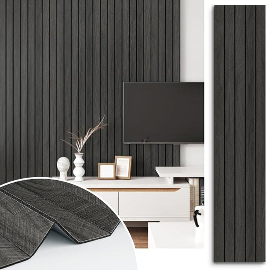 Wood Panels for Wall Decor Self Adhesive Wood Slat Wall Paneling | Peel and Stick Sound Froof Foam Wooden Panels Wallpaper for Interior Walls Bedroom Office Studio Decor 23.6"x118" Grey/Black by STICKEEP