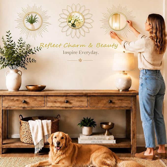 3 Pack Metal Mirrors for Wall Sunburst Wall Mirrors Home Décor Decorative Hanging Wall Art for Living Room Bedroom Entryway (Gold, Flower+Sunburst) - Image 3