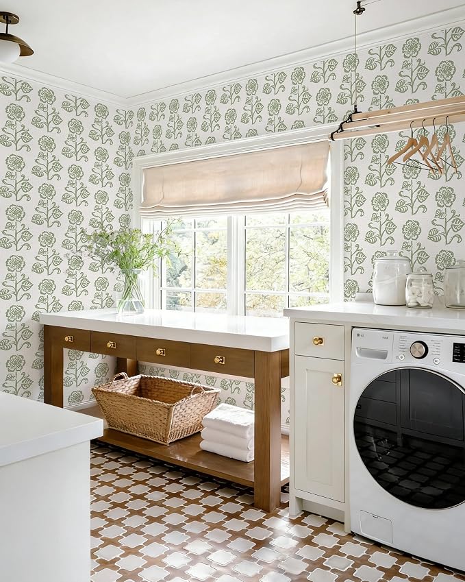 Dimoon Vintage Peel and Stick Wallpaper Sage Green Floral Contact Paper 17.3''x394'' Retro Cottage Beige Wallpaper Boho Removable Renter Friendly Embossed Wall Paper for Bathroom Bedroom Decor Vinyl - Image 3