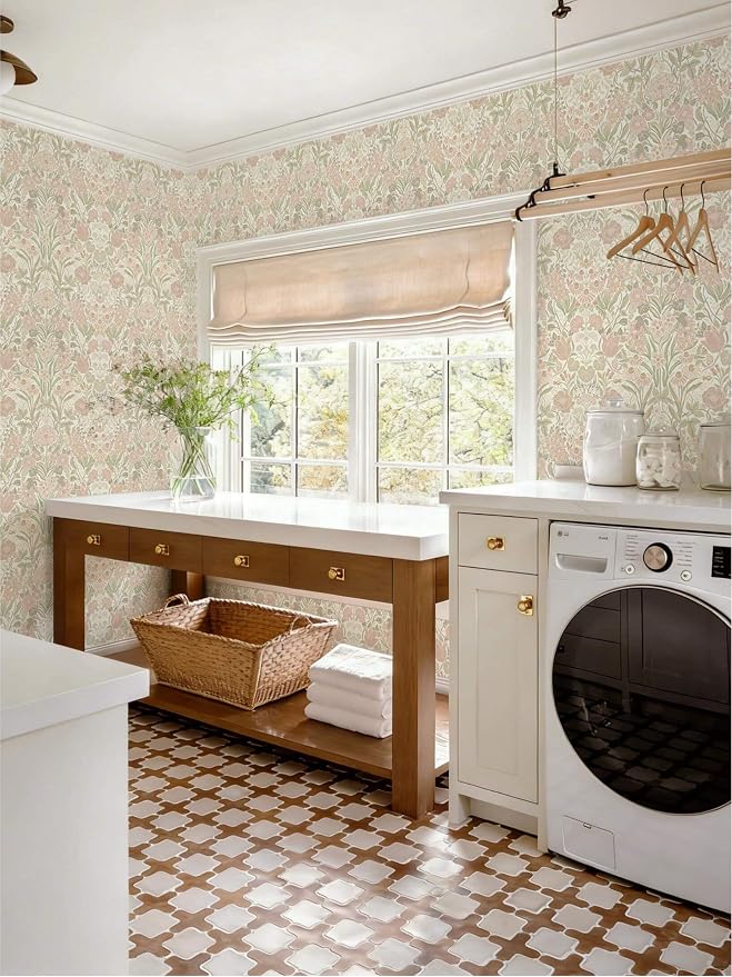 Heroad Vintage Peel and Stick Wallpaper Pink and Green Floral Contact Paper | Boho Damask Wallpaper,17.3''x78.7'',Removable Renter Friendly Wall Paper for Bathroom Bedroom Laundry,Self Adhesive Vinyl - Image 8