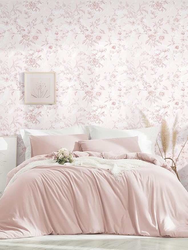 Dimoon Peel and Stick Wallpaper Pink Floral Contact Paper Pink Vintage French Renter Friendly Wallpaper 17.3''x78.7'' Textured Stick on Wall Paper for Bathroom Bedroom Cabinets Removable Vinyl Roll - Image 8