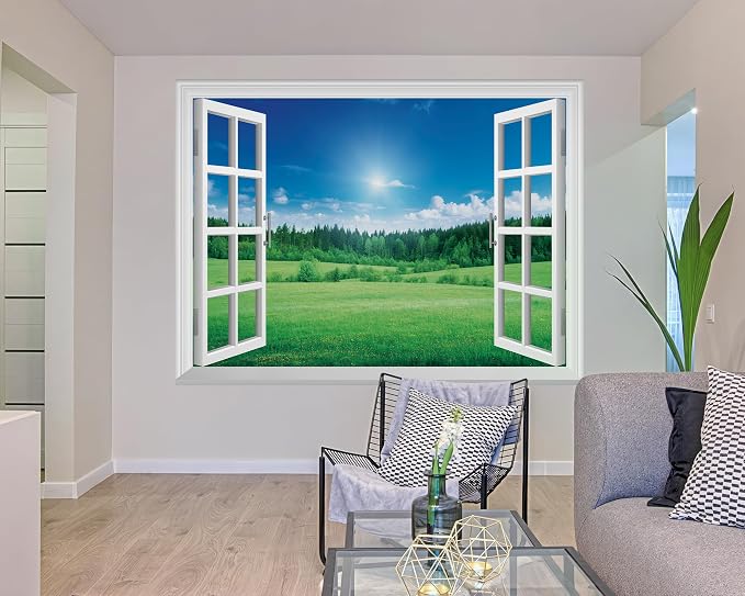 FLFK Fake Window Wall Mural - Grassland Forest Faux Window Wall Decal for Wall Decor, Peel and Stick Wall Sticker,80"x60",Set of 5 Sheets - Image 4