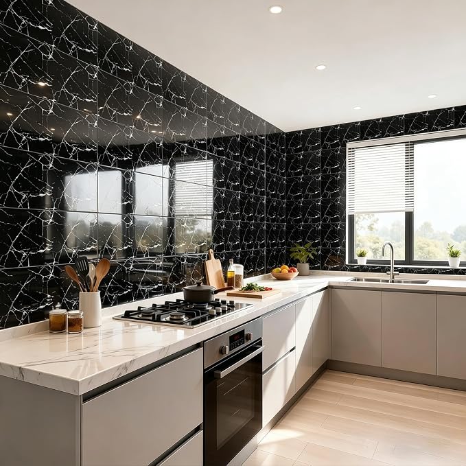 30Pcs Black Marble Wall Panels 23.6"X11.8" PVC Waterproof Tiles Peel and Stick Wall Panels Self Adhesive Backsplash Tiles for Kitchen Living Rooms TV Walls Bathroom Rv Camper Van (Not Real Tile) - Image 3