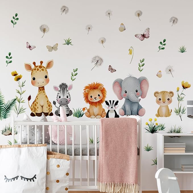 Watercolor Baby Safari Animals Wall Decal, Peel and Stick Jungle Animals Lion, Elephant Nursery Wall Stickers for Kids, Boys and Girls Room, Bedroom & Toddler Room Decor (Animal Floral Decals) by Unknown