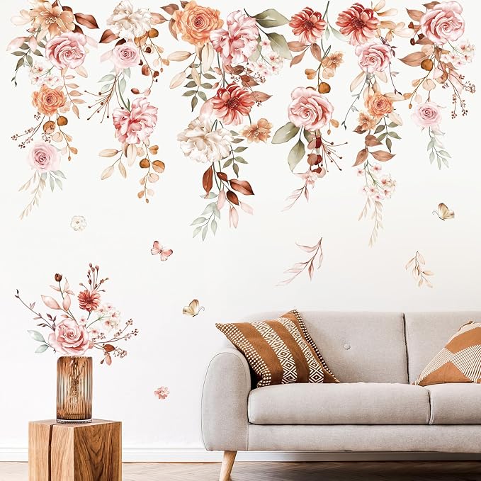 wondever Hanging Flower Vine Wall Decals Boho Floral Leaves Wall Stickers | Peel and Stick, Removable, Wall Art Decals, Wall Decoration, Living Room Girls Bedroom, Office Sofa TV Home Wall Decor - Image 3
