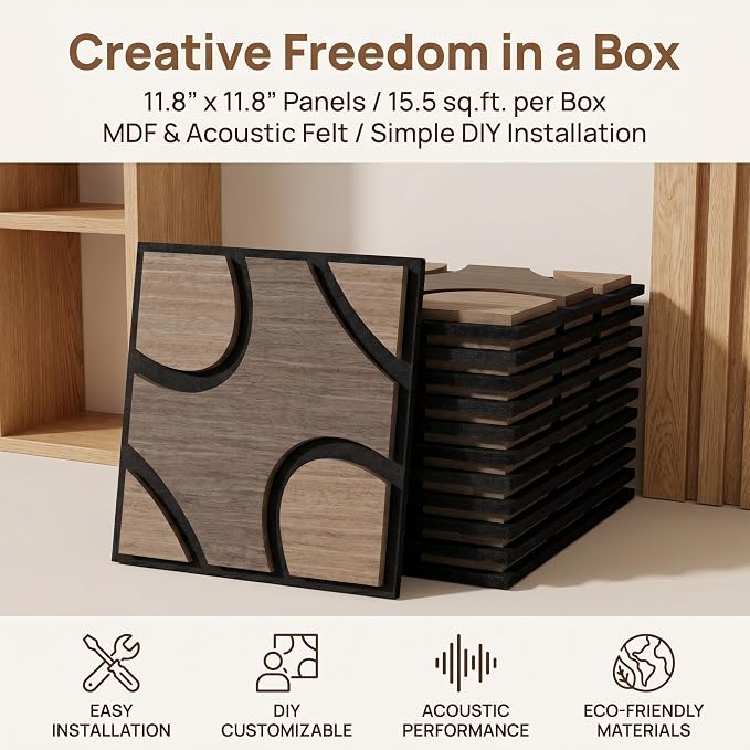 Wood Slat Panels, 12 Pcs 11.8"x11.8",Bean & Heart Black Walnut | 3D Fluted Wood Acoustic Panel Sound Absorbing Panel for Bedroom, Office, Interior Decor, (15.5ft²) Soundproof Panels - Image 8
