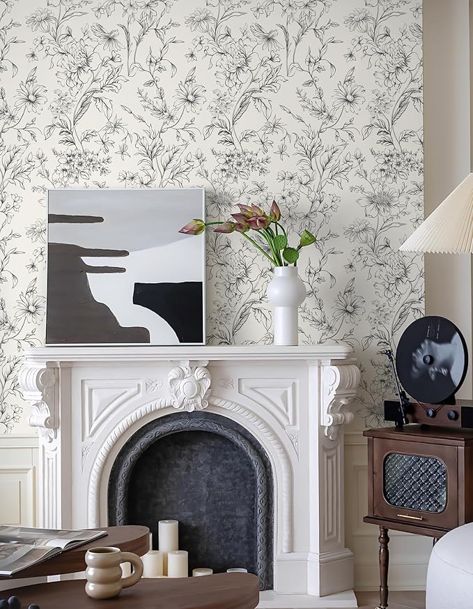 Hopepak Black and Cream White Wallpaper Floral Peel and Stick Wallpaper 17.3" x 78.7" Self Adhesive Removable Vintage Wall Paper for Bedroom Flower Boho Contact Paper for Cabinets Drawers Vinyl - Image 3