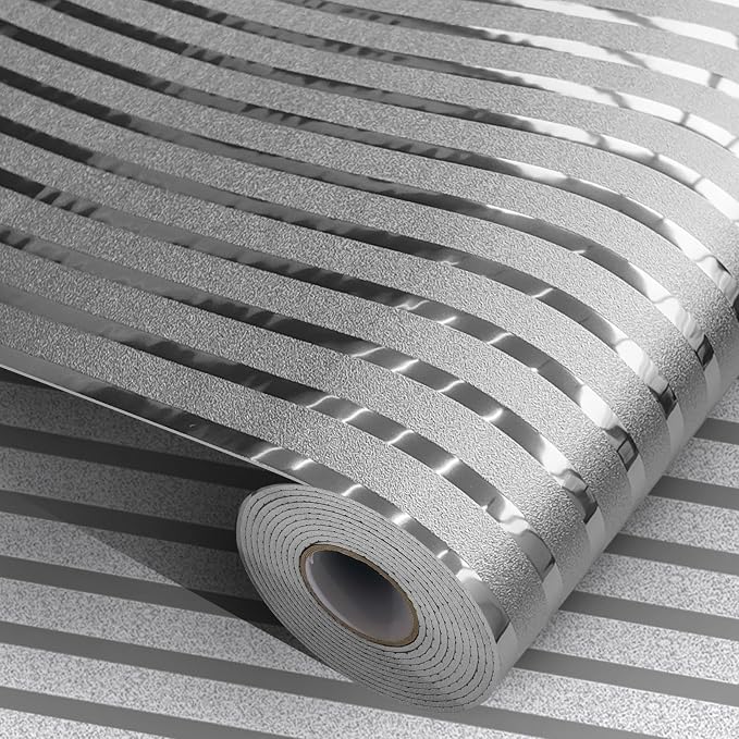 2mm Thick Peel and Stick Wallpaper Mirror Stripe Texture Vinyl Wall Panels | 23.62" x 110.24" Silver Self Adhesive Waterproof Renter Friendly Wall Paper Roll for Foyer Coffee Shop Decor by MANONIRIA