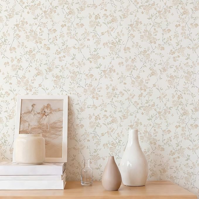 Peel and Stick Wallpaper for Nursery Beige Cherry Blossom Waterproof | 197"×17.3" Neutral Floral Watercolor Wallpaper Gentle Accent Wall Decor with Grid Lines for Bedroom Vinyl Self-adhesive by Fiula