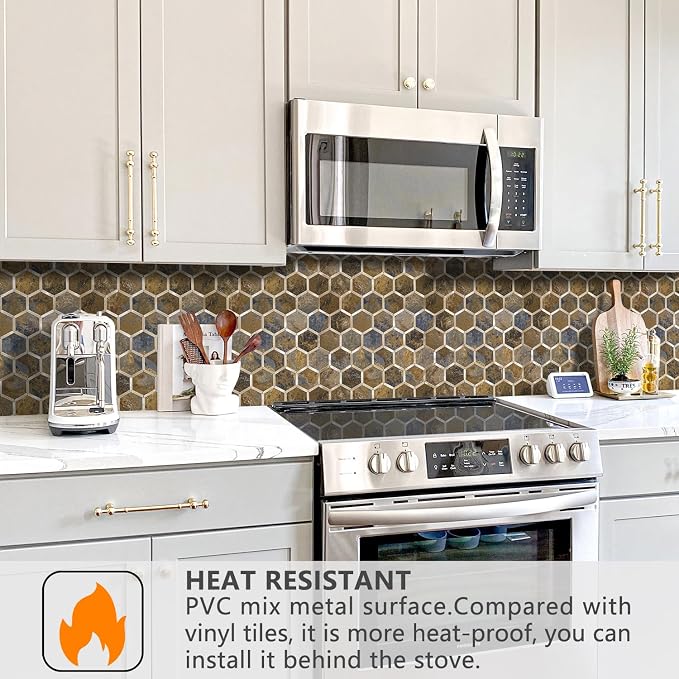 STICKGOO Hexagon Peel and Stick Backsplash Tile, Stick on Backsplash for Kitchen and Bathroom, Rust Slate Look PVC Mixed Metal Gold Self Adhesive Metal Mosaic Tiles(10 Sheets, Seamless) - Image 3