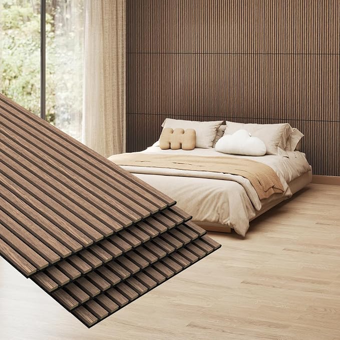 MISSDAY Wood Slat Acoustic Wall Panels, 4 Packs 47.2" x 23.6" Walnut Soundproof Panel For Interior Wall Decor Noise Absorbing-3D Textured Wooden Panel Sound-Absorbing for Home, Office, Studio by MISSDAY