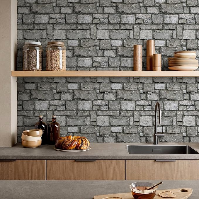 Commomy Faux Stone Peel and Stick Wall Panels | Ultralight Thin PVC Fake Rock Wallpaper DIY Stone Wall Covering Tiles for Kitchen Backsplash,Bedroom (Covers 9.7 sq.ft) - Image 2