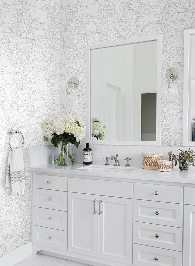 Heroad Boho Peel and Stick Wallpaper Grey and White Floral Contact Paper 17.3"x78.7" Leaf Wall Paper Removable Self-Adhesive Wallpaper for Cabinet Bedroom Bathroom Waterproof Decor Vinyl Roll - Image 2