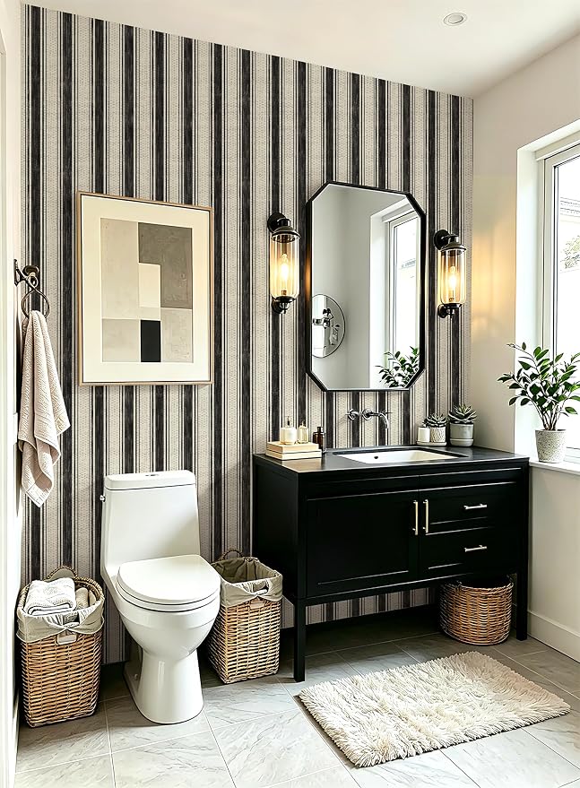 Safiyya Peel and Stick Wallpaper Black and Cream White 17.3"×393" Hand-Painted Striped Contact Paper Beige Vintage Wall Paper Self Adhesive Removable Wallpaper for Bedroom Bathroom Vinyl - Image 2