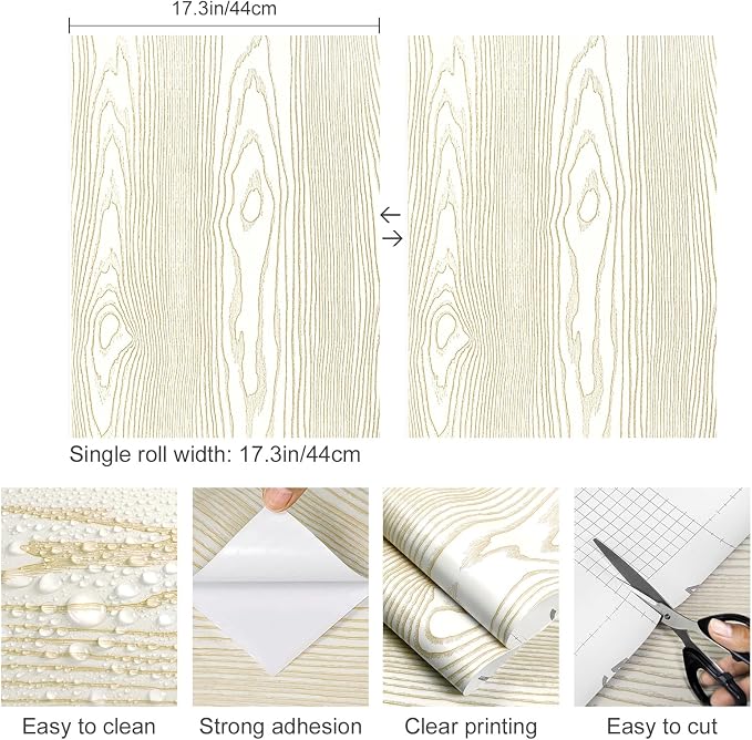 Yun-aeon Beige and Gold Wood Contact Paper Wooden Peel and Stick Wallpaper | 17.3"x200" Rustic Removable Self-Adhesive Wallpaper Wood Grain Contact Paper for Countertops Cabinets - Image 2