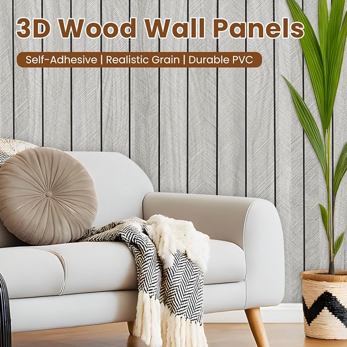Thick Peel and Stick Slat Wall Panel Self-Adhesive 3D Wood Grain Light Gray | Wallpaper Sticker Soundproof Moisture Resistant for Wall Ceiling (118"x15.75") - Image 2