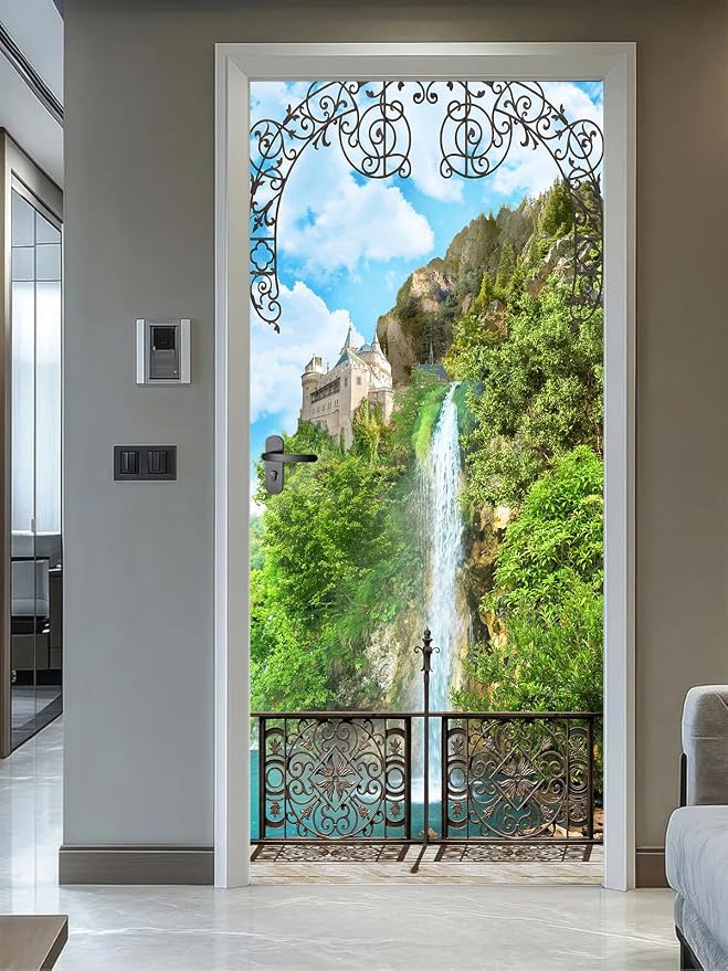 artfanke 3D Door Sticker Peel and Stick 30.3"x78.7" - Castle with Waterfall Self-Adhesive Door Murals Wallpaper Decal for Home Decor (2 Sheets/Set) by artfanke