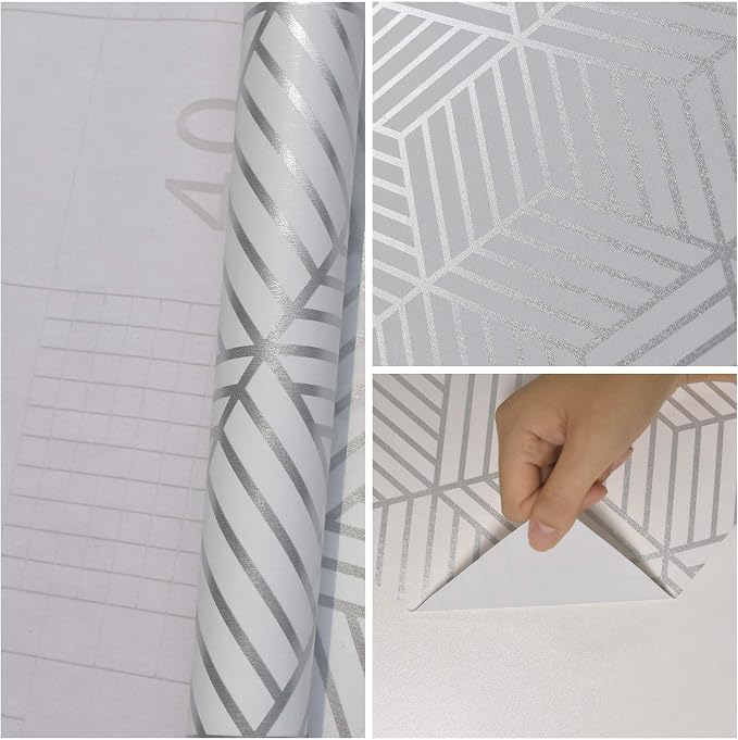 MelunMer White and Silver Peel and Stick Wallpaper Modern 17.7”×197” | Sliver Stripe Wallpaper Self Adhesive Removable Wallpaper Geometric Pattern Hexagon Wallpaper Shelf Drawer Liner Vinyl Film - Image 4