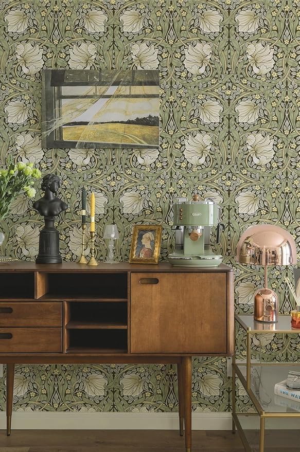 HAOKHOME Peel and Stick Wallpaper William Morris Style Botanical Vintage | Sage Green Textured Wall Paper Renter Friendly Removable Yellow Floral Cabinet Drawer Decor Retro Contact Paper 17.3in x6.6ft - Image 4