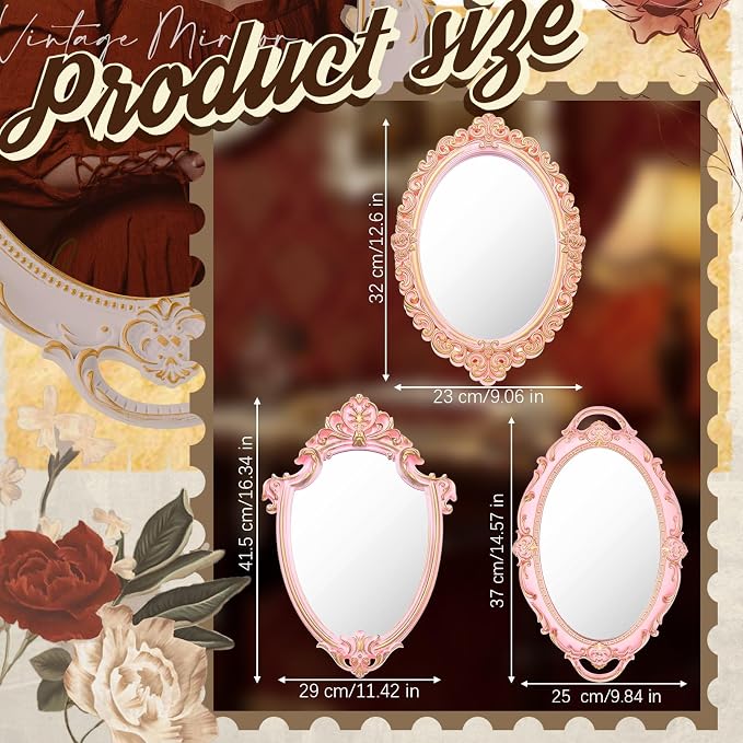 Beeveer 3 Style Vintage Mirrors Set Decorative Oval Wall Mirror Small Antique Mirrored Tray Decorative Hanging Mirror for Bathroom Bedroom Jewelry Organizer Victorian Decor (Shield,Pink) - Image 2