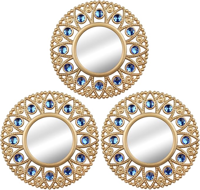 DXYAKY Gold Round Decorative Wall Mirrors Set of 3, Lightweight Plastic Framed Mirrors with Blue Crystal Accents, 9.8 Inch Vintage Boho Wall Decor for Livingroom, Bedroom, Entryway by DXYAKY