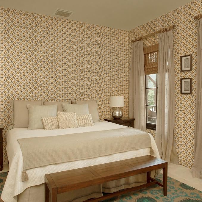 Dimoon 590.5"x17.3" Peel and Stick Wallpaper Floral Cute Contact Paper Vintage Village Country Cottage Wallpaper Farmhouse Yellow Beige Renter Friendly Geometry Waterproof Embossed Kitchen Bedroom - Image 7
