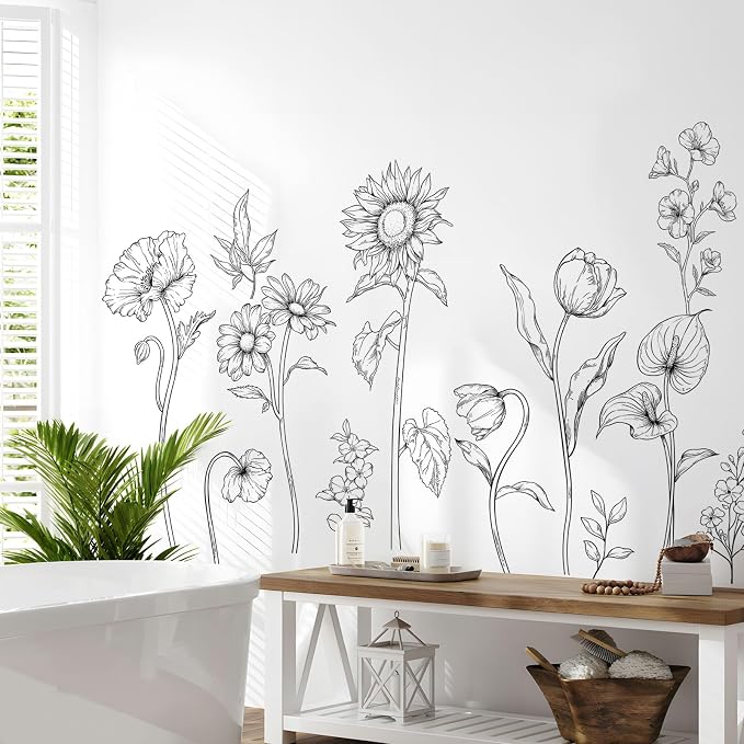 Large Black and White Flower Wall Decals, 3 Sheets Simple Modern Minimalist Sunflower Tulip Wall Stickers Floral Art Decor for Girls Bedroom Home Room Office Adult Gifts for Mom(11.8x35.4 in/Sheet) by Supzone