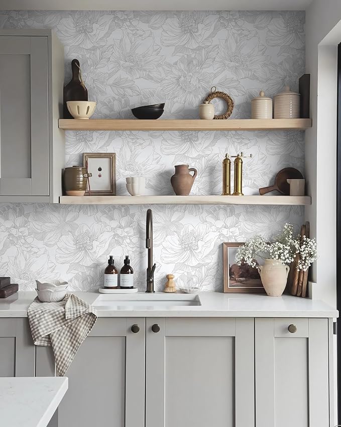 Ismoon Large Floral Peel and Stick Wallpaper Boho White/Grey Contact Paper 17.3inx16.3ft Removable Self Adhesive Bedroom Cabinet Mural Wall Decor Vinyl Roll - Image 6