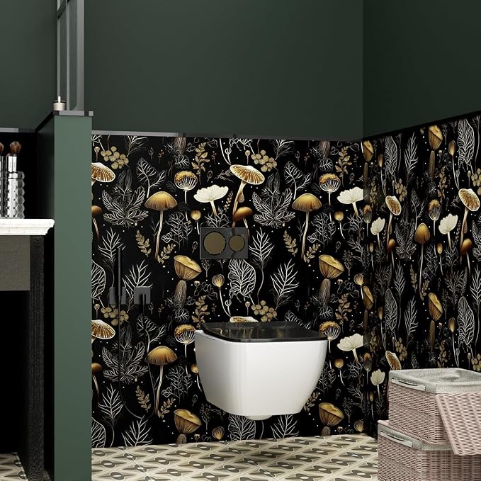 Laatse Dark Mushroom Wallpaper Peel and Stick 17.5" x 197",Black Gold | Self Adhesive/Removable/Waterproof/Thick Vinyl Contact Paper for Bathroom Bedroom Shelf Cabinet Drawer,Prepasted,Easy Peel - Image 5