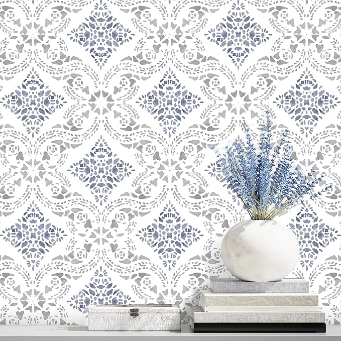 Peel and Stick Wallpaper Blue Wallpaper for Kitchen 16.9" x 393.7" | Blue Geometric Wall Paper for Bathroom Waterproof Boho Self Adhesive Removable Contact Paper Backsplash Decorative Vinyl by lenify
