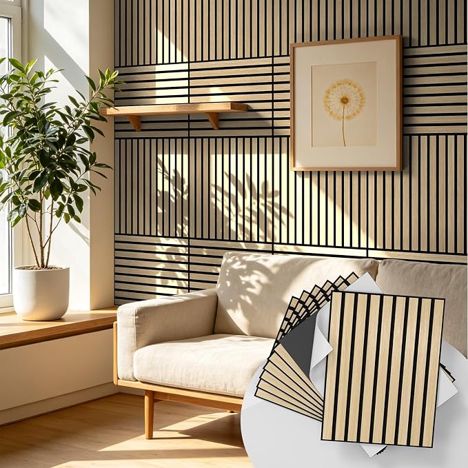 WADILE 24 Pack Self Adhesive Acoustic Wall Panels in Wood Look 11.8"x15.7" | Soundproofing PVC Slats on Felt, Decorative Wall Panels for Living Room & Bedroom Accent Wall by WADILE