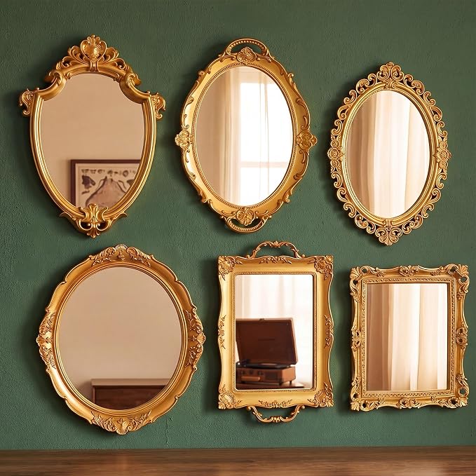 Beeveer 6 Pcs Vintage Gold Wall Mirror Set Luxury Gallery Wall Mirror Decorative Hanging Antique Decor for Living Room Entryway Wedding Bedroom Bathroom Victorian Decor (Classic,Gold) by Beeveer