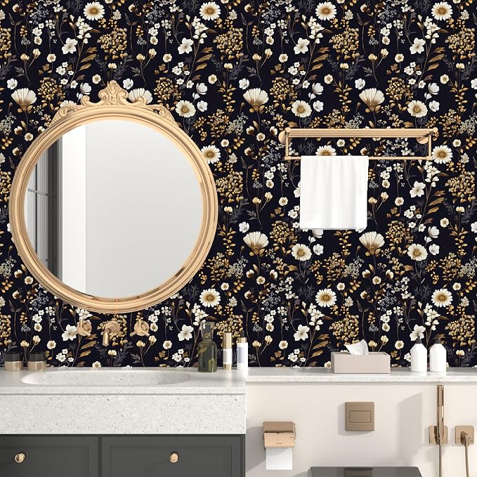 Laatse Dark Floral Gold Leaf Vintage Wallpaper Peel and Stick 17.5''x118'' | Self Adhesive/Removable/Waterproof/Thick Vinyl Contact Paper for Bathroom Bedroom Shelf Cabinet Drawer,Prepasted,Easy Peel - Image 4