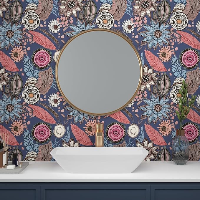 Laatse Boho Wallpaper Peel and Stick 17.5"x118", Blue Pink Contact Paper | Self Adhesive/Removable/Waterproof/Thick Vinyl Wall Paper for Bathroom Bedroom Shelf Cabinet Drawer,Prepasted,Easy Peel - Image 4