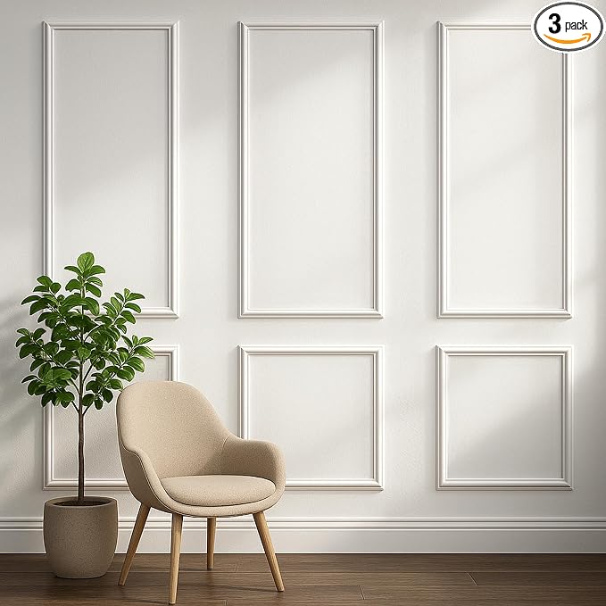 Set of 3 Peel and Stick Wall Molding Kit, Pre Cut Wainscoting Panels | 54x24 in + 24x24 in, Paintable, Ready to Assemble Wall Moulding, Living room or Bedroom Accent Wall Decor by Unknown