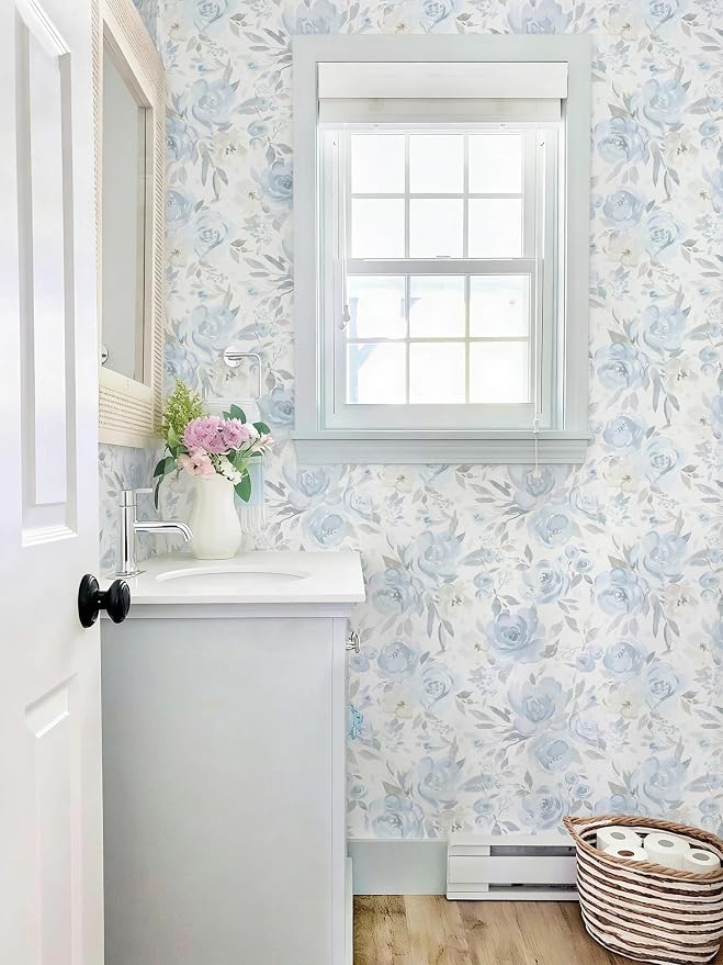 Ismoon Blue Floral Peel Stick Wallpaper Boho Watercolor Stick on Wall Paper | 17.3x78.7in Light Blue Contact Paper Removable Self Adhesive Vinyl Wallpaper for Bedroom Accent Wall Cabinet Decor - Image 2