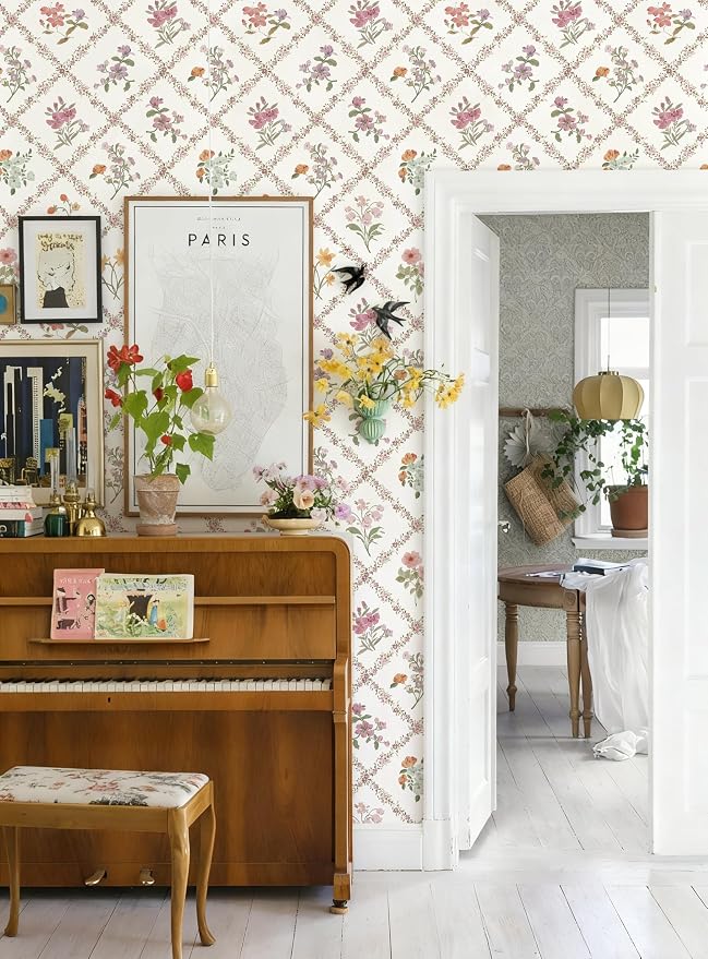 16.9 in x197 in Red Floral Peel and Stick Wallpaper Watercolor Floral | Boho Self Adhesive Wallpaper Modern Trellis Contact Paper DIY Removable Wallpaper for Bedroom Cabinets Drawers Decor Vinyl - Image 7