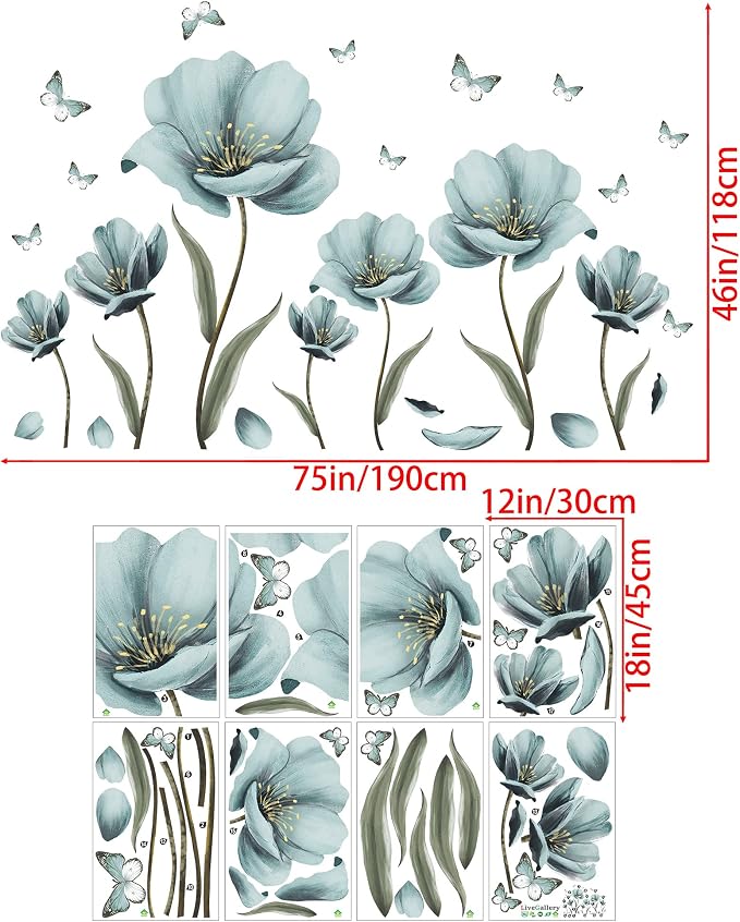 8 Sheets Creative Blue Flowers Wall Decal DIY Removable Painted Butterflies Wall Sticker Romantic Painting Art Mural Vinyl Peel and Stick for Home Living Room Bedroom Office Bathroom Wall Decoration - Image 7